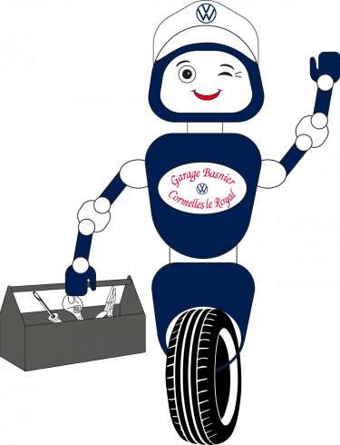 robot sur une roue avec le logo du Garage Basnier à Cormelles le Royal